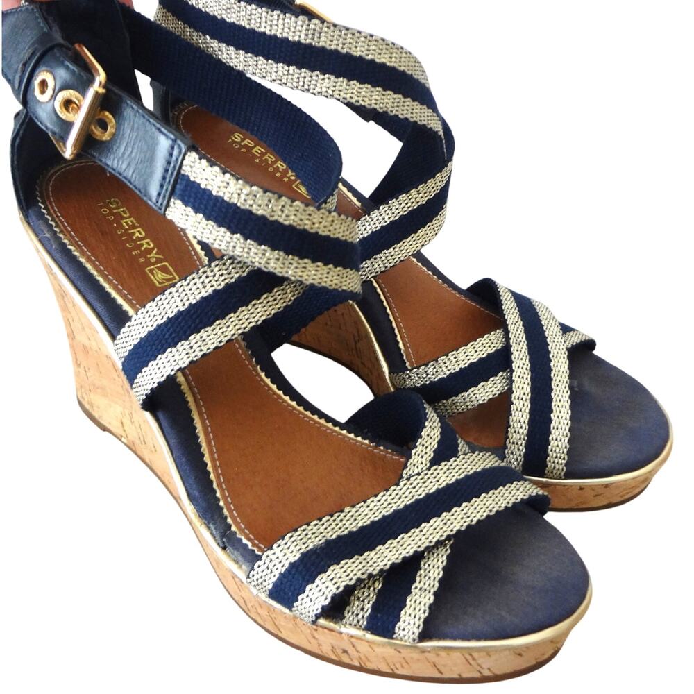 Sperry Navy Blue Gold Sandal Slingback Cork Wedge Platform Strappy Womens 8.5